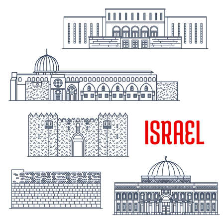 Israel landmarks, Jerusalem architecture buildings, vector historic sightseeing. Israel landmark icons Wailing Wall Kotel or Kosel in Jerusalem, Islamic Museum, Al-Aqsa mosque, Damascus Gate Shechemのイラスト素材