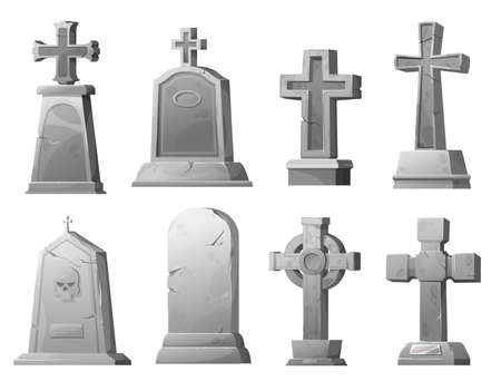 Cartoon stone grave crosses and gravestones, vector cemetery cracked graveyard tombstones. Ancient mausoleum tomb with skull, funereal architecture design elements set isolated on white backgroundのイラスト素材