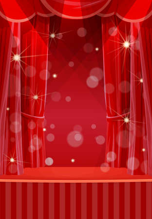 Red curtains on stage, circus or theater empty scene with open backstage portiere, spotlights and sparkles. Cartoon vector opera scene with drape, concert or cinema grand opening ceremony performanceのイラスト素材