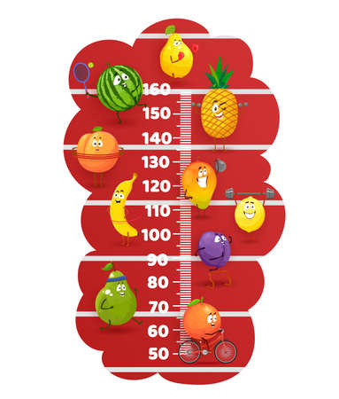 Happy fruits on stadium tracks kids height chart. Vector growth meter with cute cartoon characters pear, watermelon, banana and orange with plum or mango with lemon healthy lifestyle, sport activityのイラスト素材