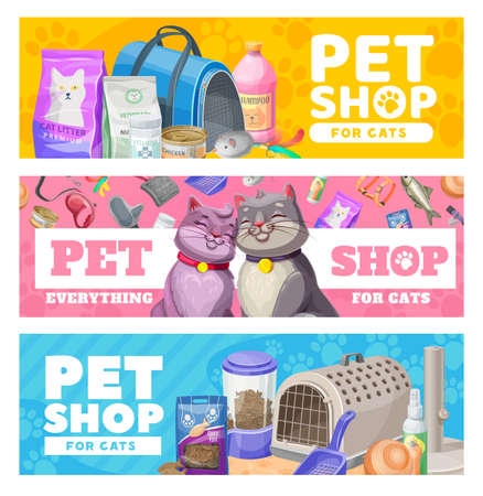 Pet care banners, cat care items and toys. Vector ad promo for zoo shop with goods for cats and kitten. Equipment for feline domestic animals feed, bag and comb, leash with scoop and claw sharpenerのイラスト素材