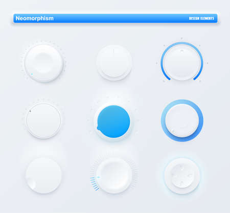 Neomorphic Ui kit mobile app round level buttons. Sound volume control knob, amplifier power vector white dials with blue scales, game controller D-pad. Futuristic design audio controls and switchesのイラスト素材
