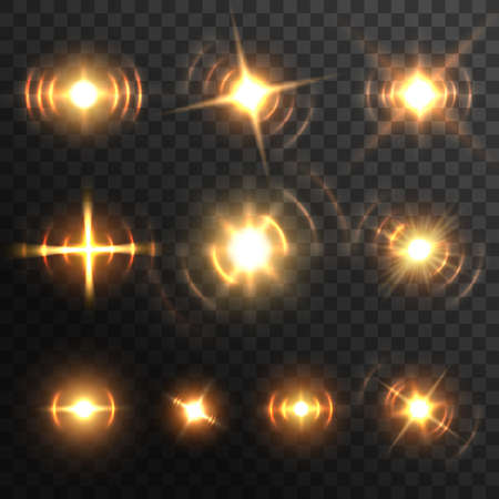 Lens light flare, fiery energy burst or headlights realistic effect. Vector golden glow beam flashes or star sparkles. Photography shining glare, digital lightning radiance 3d elements, isolated setのイラスト素材