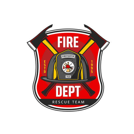 Fire department icon with vector fireman or firefighter helmet and crossed axes, ladder and hook. Firefighting equipment and tools isolated heraldic shield or badge design of fire and rescue serviceのイラスト素材