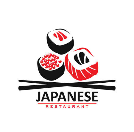 Japanese cuisine restaurant icon, rolls and sticks. Vector emblem for asian cafe with traditional meal of Japan seafood with rice, salmon fish or caviar and bamboo sticks. Red and black colored labelのイラスト素材