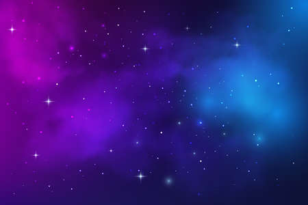Space galaxy nebula, stardust and starry universe sky, vector background. Space sky with stars shine in cosmic clouds, blue and purple starry light glow or stardust flares in galaxy nebulaのイラスト素材