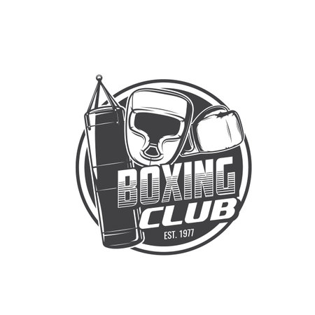 Boxing sport isolated icon with vector boxer gloves, helmet and punching bag. Box fighter equipment and protective uniform round symbol of boxing sport club, sporting competition and box fight designのイラスト素材
