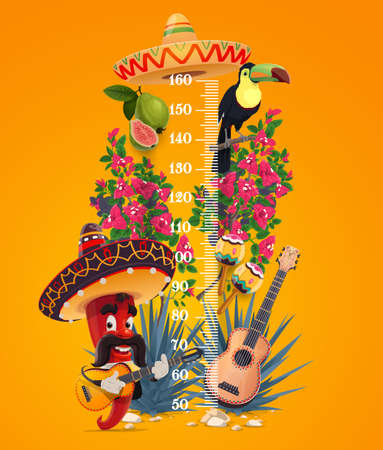 Kids height chart, mexican chili pepper growth meter with cartoon vector jalapeno mariachi with guitar, toucan, bougainville flowers and guava with agave plant. Scale for children height measurementのイラスト素材