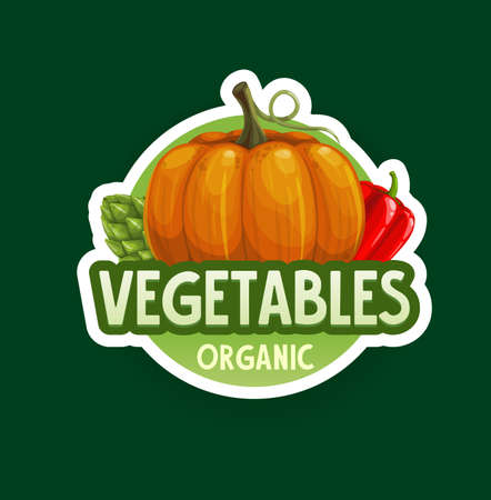 Organic vegetables badge or icon. Vector farm veggie pumpkin, red bell pepper and artichoke. Isolated organic farm market and grocery vegetables iconのイラスト素材
