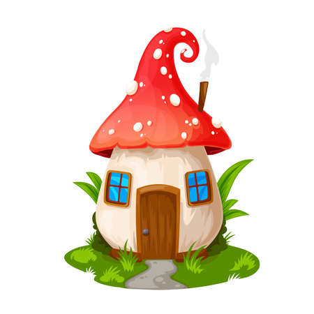 Fairy mushroom house, gnome dwelling. Vector fly agaric cartoon building, fairytale elf home with wooden door, windows and steaming pipe on roof. Isolated fantasy cute house on green field with pathのイラスト素材