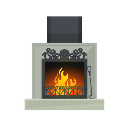 Home fireplace or wood burning heart with flaming fire vector icon of house or room interior design. Metal fire place frame, chimney, grate and fireplace poker, decorated with forged flowers, swirlsのイラスト素材