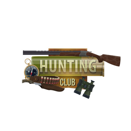 Hunting sport club icon, hunter equipment and hunt ammo, vector symbol. African safari hunt and forest wild animals trophy open season ammunition rifle gun, bullet cartridge bandoleer and compassのイラスト素材