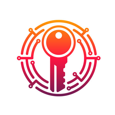Cyber security key vector icon of network data secure technology. Digital access key in pink round frame of circuit board pattern isolated emblem or symbol of privacy, information and internet safetyのイラスト素材