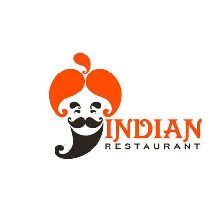 Indian cuisine restaurant icon. Vector chef with orange turban, black mustache and beard. Traditional food of India, Indian cafe or ethnic bar isolated symbol designのイラスト素材
