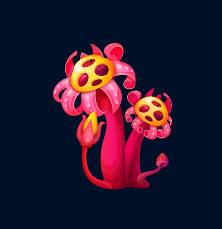 Fantasy magic red flower mushroom, cartoon fairy plant. Vector unusual fungi with curly petals and buds on stipe. Fairytale element for ui game interface, alien flora, hallucinogenic mushroom plantのイラスト素材