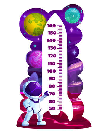 Cartoon spaceship and astronaut kids height chart, growth meter. Vector wall sticker with space planets and cute cosmonaut. Children height measurement scale with rocket, galaxy and spaceman characterのイラスト素材