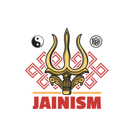 Jainism religion symbol isolated vector icon with Jain Dharma religious signs. Ahimsa, yin yang, endless knot or srivatsa and gold trident of Shiva God or trishul, Indian religion themesのイラスト素材