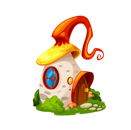 Fairytale magic mushroom house, cartoon vector building, gnome dwelling. Fairy tale elf home with curve funny cap roof, wooden door, window, flowers and grass. Cute fantasy fungus house on green fieldのイラスト素材