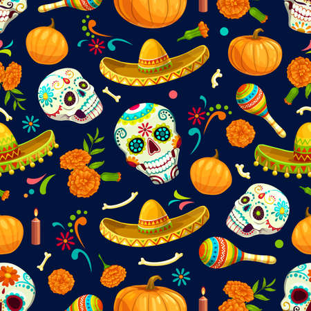 Dia de Los Muertos Mexican seamless pattern. Day of the dead holiday decoration, fabric print or vector background with calavera skulls and bones, sombrero hat, maraca and marigold flowers, pumpkinのイラスト素材