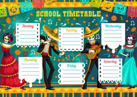 School timetable vector template with Day of the Dead Mexican skeletons playing guitar and violin with Catrina dancing flamenco. Education week schedule Dia de los Muertos holiday cartoon charactersのイラスト素材