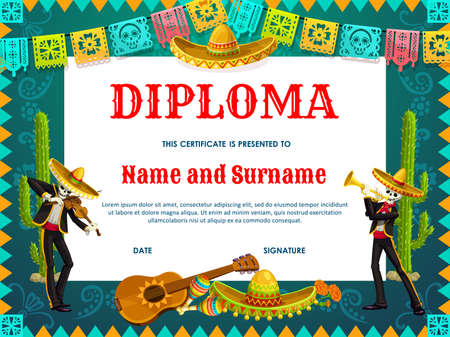 School diploma vector Dia de los Muertos skeletons in sombrero play violin and trumpet. Education certificate with Mexican Day of Dead characters fiesta party celebration, marigold flowers and cactiのイラスト素材