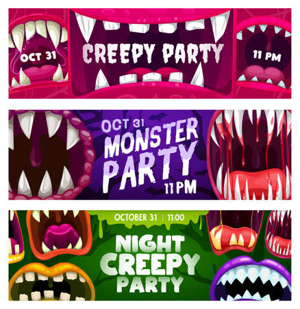 Creepy party night vector flyers with monster mouths. Halloween horror night event invitation cards with open toothy jaws with sharp teeth, dripping saliva, blood and tongues, cartoon banners setのイラスト素材