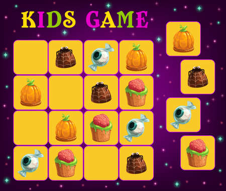 Sudoku game for kids vector template with Halloween trick or treat sweets. Education puzzle or logic riddle worksheet for preschool children with cartoon chocolate candies, pumpkin cakes and cupcakesのイラスト素材