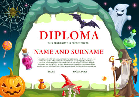 Child Halloween diploma template with monsters. Wizard and ghost, pumpkin lantern, bat and spider on web, magic potion cartoon vector. Kids kindergarten diploma, graduation celebration invitationのイラスト素材