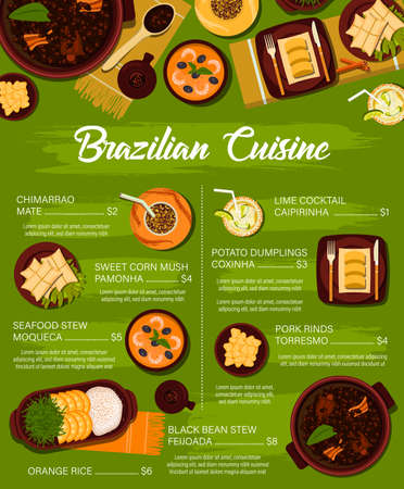 Brazilian cuisine vector menu template sweet corn mush pamonha, potato dumplings coxinha and chimarrao mate. Seafood stew moqueca, pork rinds torresmo and lime cocktail caipirinha meals of Brazilのイラスト素材