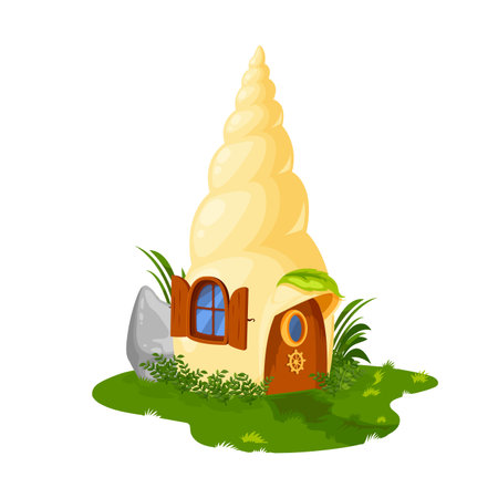 Fairy shell house or dwelling of gnome or dwarf and elf, vector cartoon home hut. Fairy tale seashell house of dwarf gnome with garden, leaf shelter house with door and windowのイラスト素材