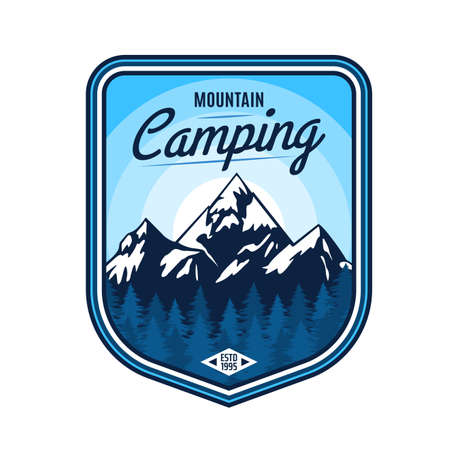 Mountain camping icon of vector outdoor adventure, travel, tourism and expedition design. Mountain and forest landscape with snow peaks and ice range, pine trees and sun isolated badge of patch designのイラスト素材