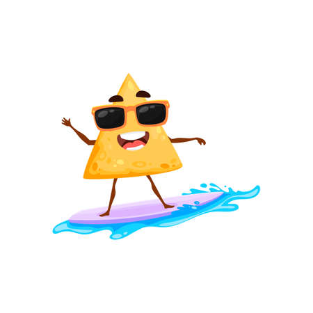 Cartoon mexican nachos chips on summer beach and vacation surfing on surfboard on water waves isolated happy character mascot. Vector tasty fastfood snack surfer, cute emoticon traditional mexico foodのイラスト素材