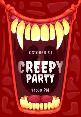 Halloween horror party invitation with vampire mouth vector frame. Open jaws of creepy dracula monster, scary demon or devil with bloody red lips, sharp teeth, fangs, Halloween holiday poster designのイラスト素材