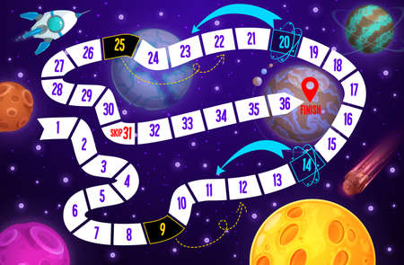 Galaxy kids boardgame, spaceship and planets. Vector space step board game, discovery children riddle with path, ufo saucers, numbers, start, skip and finish. Cartoon maze with alien ships in cosmosのイラスト素材