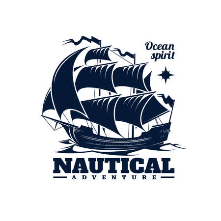 Sailing ship icon. Nautical adventure, ocean travel monochrome vector emblem with medieval caravel or ancient galleon sailing ship in sea. Sea cruise, pirates treasure hunting or sailing club iconのイラスト素材