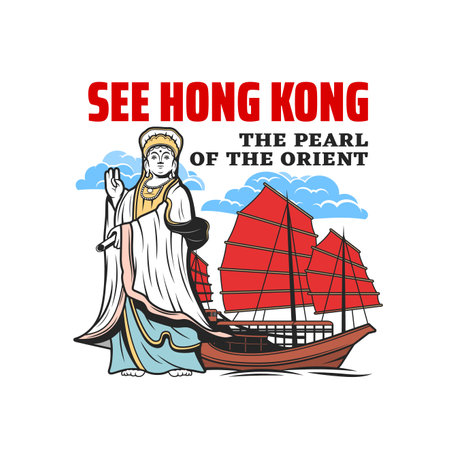 Kuan Yin goddess and junk boat with red sails, Hong Kong vector icon. Chinese sailing ship of Hong Kong harbor and statue of Tin Hau Temple on Repulse bay isolated symbol of China travel and tourismのイラスト素材