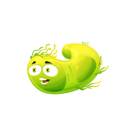 Cartoon virus cell vector icon, cute green bacteria, happy germ character with funny face. Smiling pathogen microbe emoticon, isolated moving micro organism symbolのイラスト素材