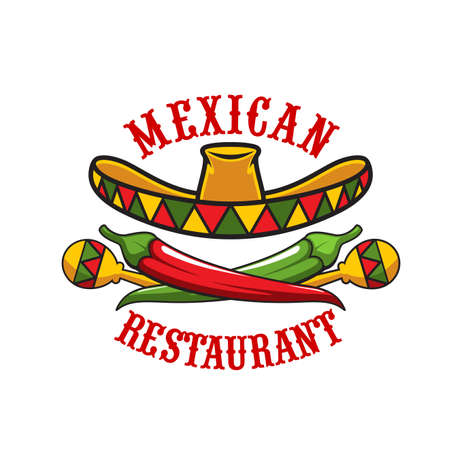 Mexican restaurant icon of vector sombrero hat, maracas, red chilli pepper and green jalapeno. Mexican cuisine spice food and festive sombrero symbol of comida, tex-mex restaurant or bistro designのイラスト素材