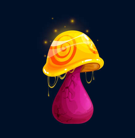 Fantasy magic toxic cartoon mushroom, poisonous amanita or luminous toadstool, vector icon. Fairy tale magic mushroom in neon purple or pink with golden cap and toxic light sparkles or poisonous dripsのイラスト素材