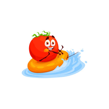 Tomato happy character swimming in water tablet isolated cartoon emoticon, kids food. Vector healthy organic eating, vegetable food for children. Funny veggie on rest, cute tomato on summer vacationのイラスト素材