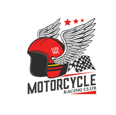 Racing helmet with wings icon. Motorcycle race, motocross or biker club, motorsport competition vintage emblem or vector icon with winged helmet, start and finish checkered flagのイラスト素材