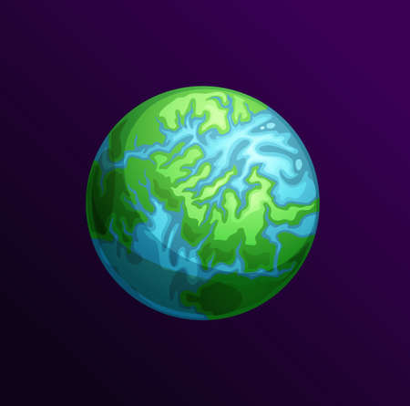 Eco planet with blue waters and green land isolated cartoon sphere. Vector inhabitable comic globe with living nature, explore universe imaginary aliens world. Save Earth concept, clean environmentのイラスト素材