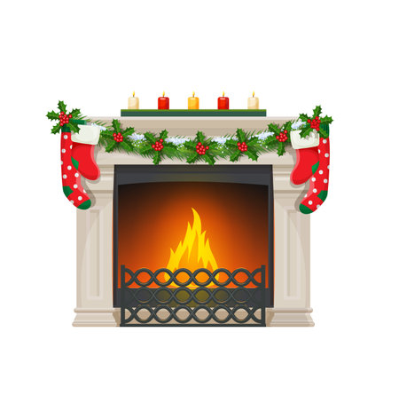 Christmas fireplace with socks. Vector traditional home fire place with burning fire, candles, xmas holly berry garland, forgery and grating. Indoors chimney, cartoon vintage fireside, heating systemのイラスト素材