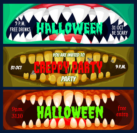 Halloween club party banners, entrance passes template. Creepy monsters toothed maws with sharp fangs in saliva vector. Halloween celebration party posters with spooky typographyのイラスト素材
