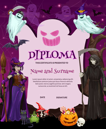 Certificate, Halloween cartoon diploma template, vector kid achievement or education award. Halloween diploma or certificate with pumpkin monsters, witches and ghosts, holiday black cat and deathのイラスト素材