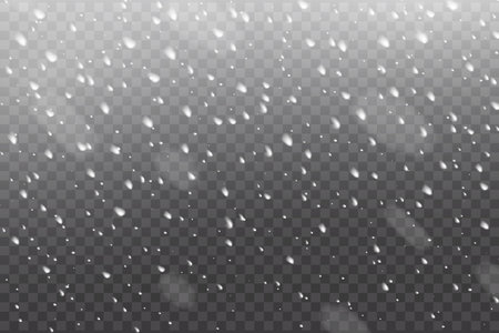 Realistic falling snow on transparent background, winter Christmas snowfall or snowstorm. Isolated vector snowflakes, Xmas white snowfall abstract texture, new year wintertime season precipitationのイラスト素材