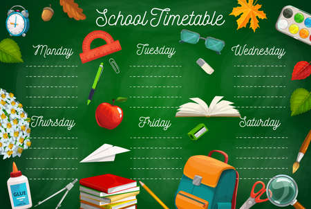 Education timetable with school stationery, schoolbag, textbooks and autumn leaves. Vector class schedule template with cartoon learning items. Kids time table for lessons, weekly planner for studentのイラスト素材