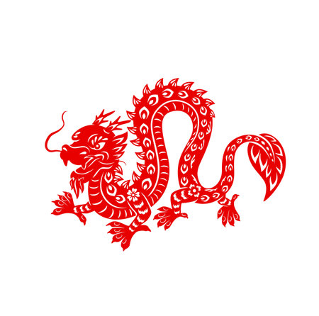 Chinese lunar New Year red dragon, vector astrological zodiac animal of China. Paper cut powerful dragon with floral ornament isolated on white background. Astrology asian symbol of culture traditionのイラスト素材