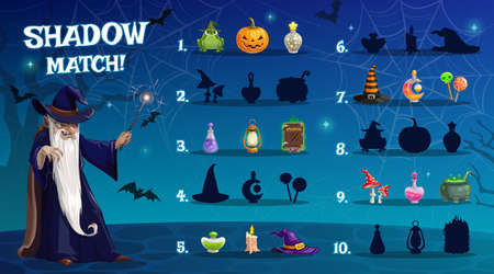 Child Halloween shadow match game with sorcery artifacts. Kids math exercise, children playing activity with matching task. Sorcerer cartoon character with magic wand, Halloween pumpkin and potionsのイラスト素材