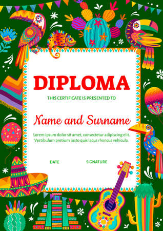 Kids diploma certificate mexican sombrero and pyramids, chameleon, toucan, guitar and cactuses vector template. School education frame with festive cinco de mayo cartoon characters and design elementsのイラスト素材